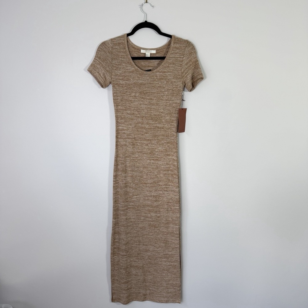 NWT Forever 21 Contemporary Tan Marled Maxi Dress Short Sleeve Stretch Bodycon